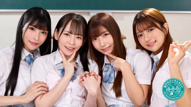 放課後の教室で微笑む西元めいさ、北岡果林、胡桃さくら、逢沢みゆのJ系最強カルテット。完全主観で没入感を高める至高の制服ショット。